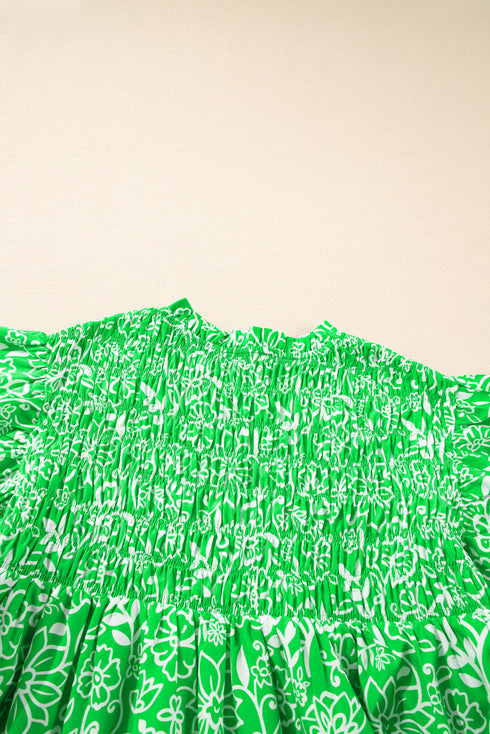 Green Floral Flutter Sleeve Shirred Notched Neck Plus Size Blouse