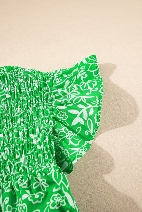 Green Floral Flutter Sleeve Shirred Notched Neck Plus Size Blouse