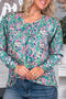 Green Floral Pleated Round Neck Long Sleeve Blouse