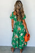 Green Floral Print Bubble Sleeve Smocked Tiered Midi Dress