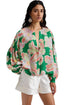 Green Floral Print Button up Pleated Puff Sleeve Loose Shirt