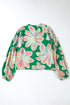 Green Floral Print Button up Pleated Puff Sleeve Loose Shirt