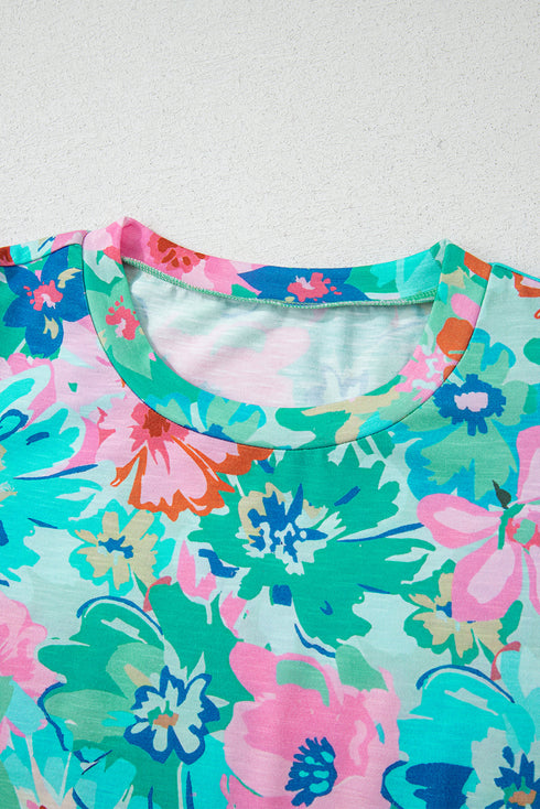 Green Floral Print Eyelet Embroidered Short Sleeve Crew Neck Top