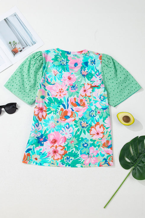 Green Floral Print Eyelet Embroidered Short Sleeve Crew Neck Top