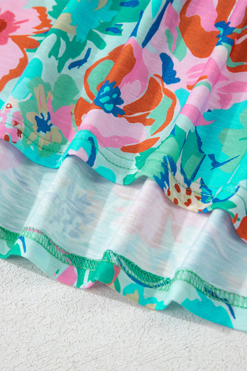 Green Floral Print Eyelet Embroidered Short Sleeve Crew Neck Top