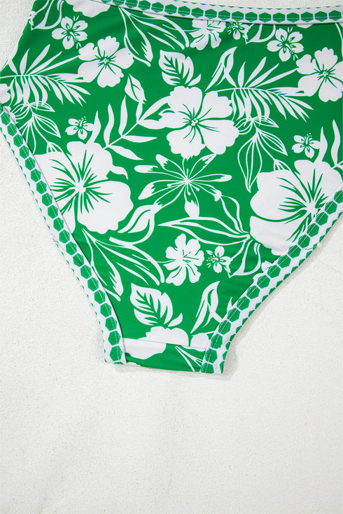 Green Floral Print One Shoulder High Waist Bikini Set