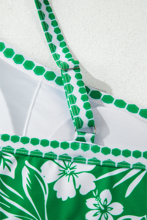 Green Floral Print One Shoulder High Waist Bikini Set