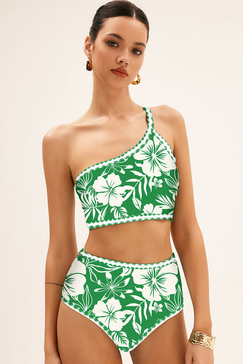 Green Floral Print One Shoulder High Waist Bikini Set