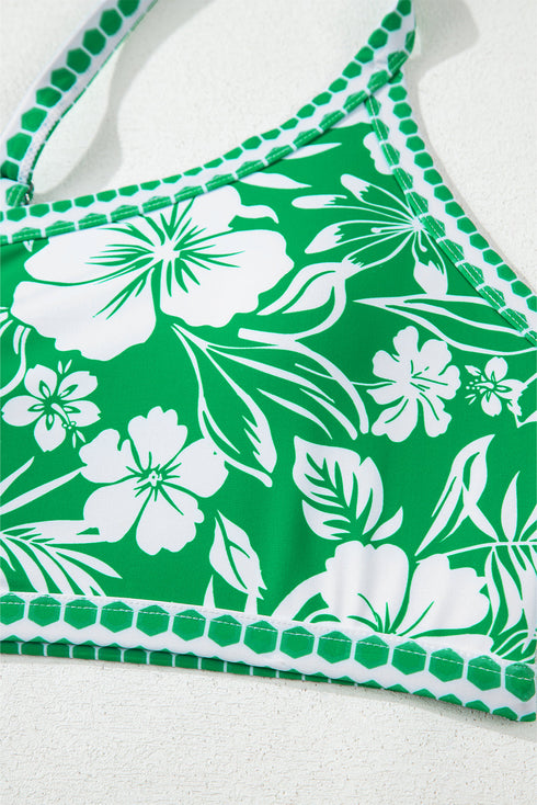 Green Floral Print One Shoulder High Waist Bikini Set