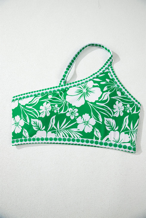 Green Floral Print One Shoulder High Waist Bikini Set