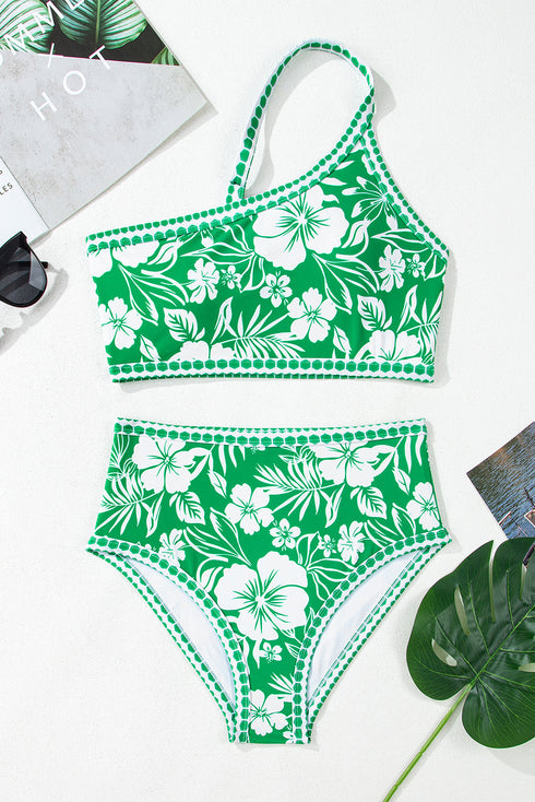 Green Floral Print One Shoulder High Waist Bikini Set