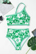 Green Floral Print One Shoulder High Waist Bikini Set