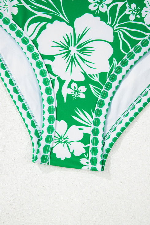 Green Floral Print One Shoulder High Waist Bikini Set