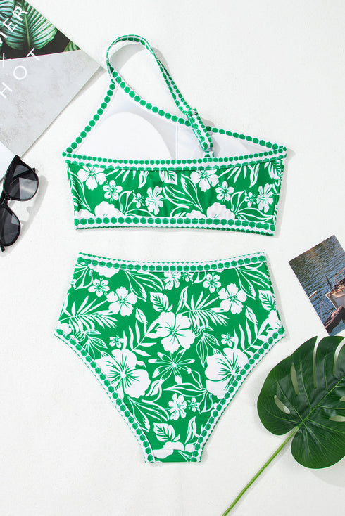 Green Floral Print One Shoulder High Waist Bikini Set