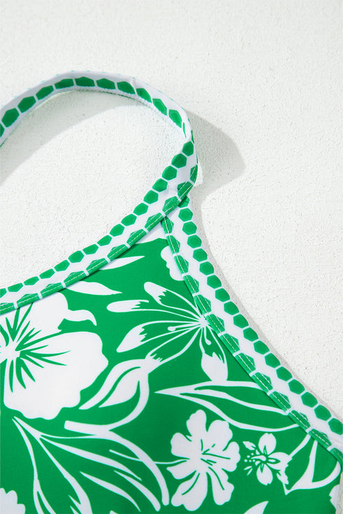 Green Floral Print One Shoulder High Waist Bikini Set