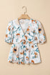 Green Floral Print Puff Sleeve V Neck Babydoll Blouse