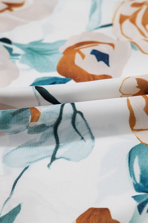 Green Floral Print Puff Sleeve V Neck Babydoll Blouse