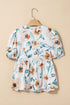 Green Floral Print Puff Sleeve V Neck Babydoll Blouse