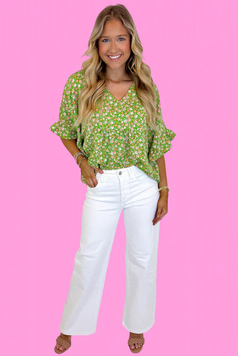 Green Floral Print Ruffle Sleeve V Neck Blouse Top