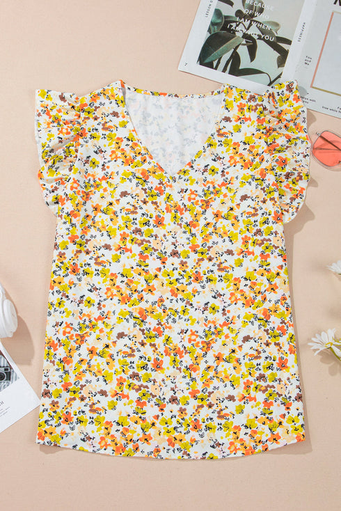 Green Floral Print Ruffled Sleeveless V Neck Tank Top