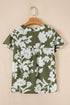 Green Floral Print Split Neck Short Sleeve Blouse