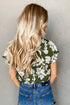 Green Floral Print Split Neck Short Sleeve Blouse