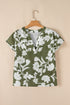 Green Floral Print Split Neck Short Sleeve Blouse