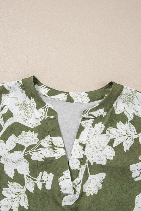 Green Floral Print Split Neck Short Sleeve Blouse