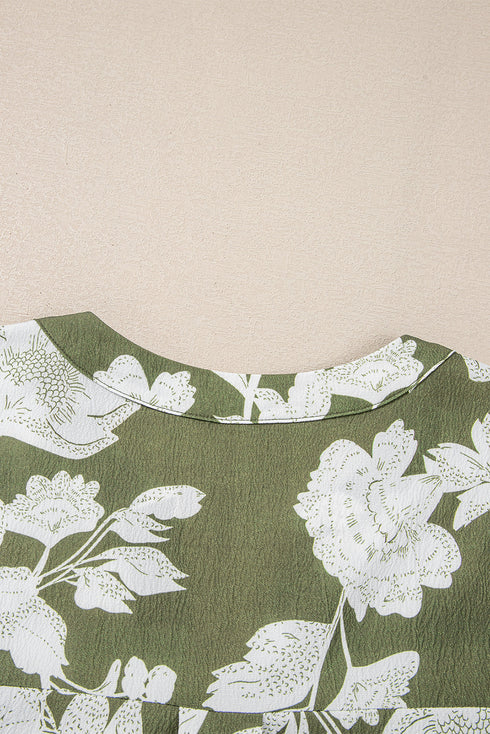 Green Floral Print Split Neck Short Sleeve Blouse