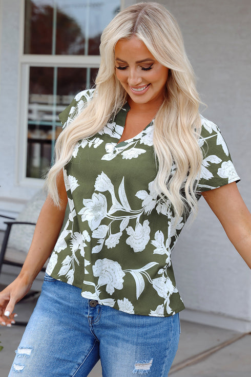 Green Floral Print Split Neck Short Sleeve Blouse