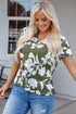Green Floral Print Split Neck Short Sleeve Blouse