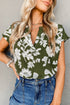 Green Floral Print Split Neck Short Sleeve Blouse
