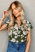 Green Floral Print Split Neck Short Sleeve Blouse