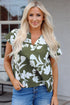Green Floral Print Split Neck Short Sleeve Blouse
