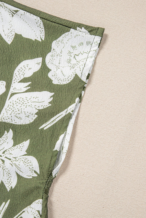 Green Floral Print Split Neck Short Sleeve Blouse