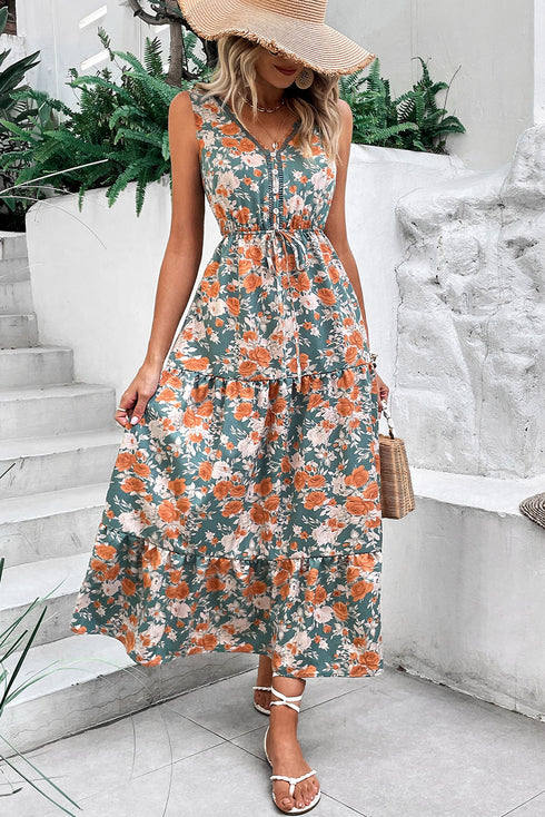 Green Floral Print Trimmed V Neck Tie Waist Sleeveless Holiday Long Dress