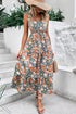 Green Floral Print Trimmed V Neck Tie Waist Sleeveless Holiday Long Dress