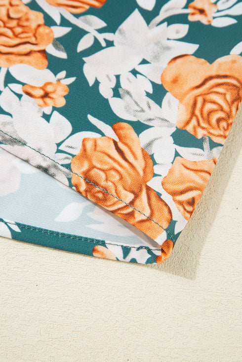 Green Floral Print Trimmed V Neck Tie Waist Sleeveless Holiday Long Dress