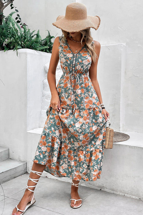 Green Floral Print Trimmed V Neck Tie Waist Sleeveless Holiday Long Dress