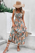 Green Floral Print Trimmed V Neck Tie Waist Sleeveless Holiday Long Dress