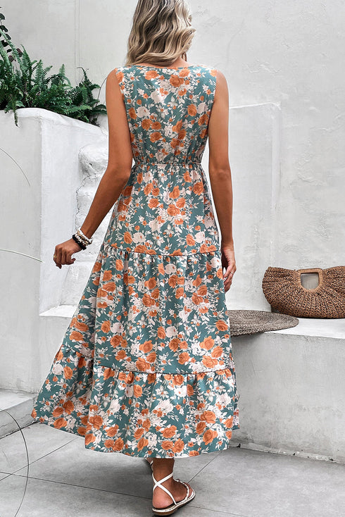 Green Floral Print Trimmed V Neck Tie Waist Sleeveless Holiday Long Dress