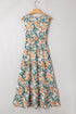 Green Floral Print Trimmed V Neck Tie Waist Sleeveless Holiday Long Dress
