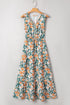 Green Floral Print Trimmed V Neck Tie Waist Sleeveless Holiday Long Dress