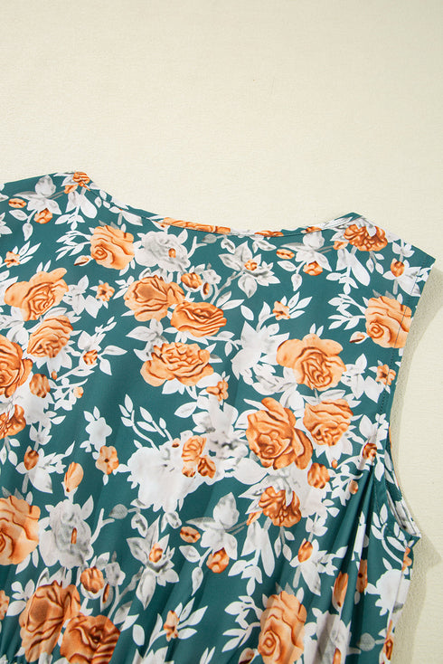 Green Floral Print Trimmed V Neck Tie Waist Sleeveless Holiday Long Dress