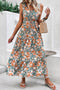 Green Floral Print Trimmed V Neck Tie Waist Sleeveless Holiday Long Dress