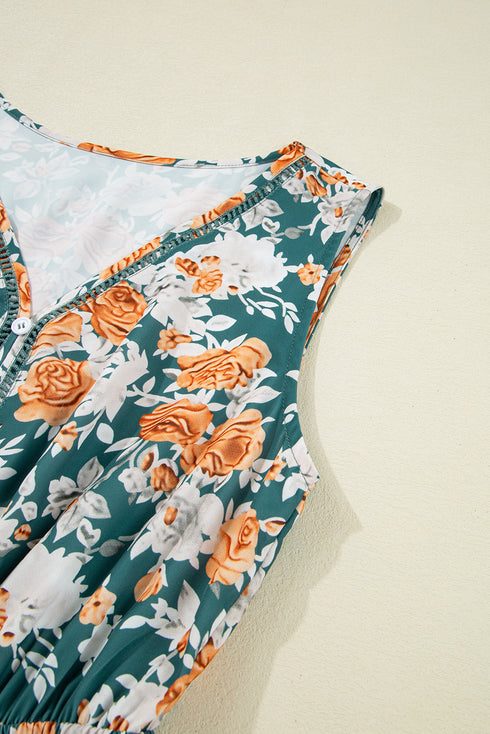 Green Floral Print Trimmed V Neck Tie Waist Sleeveless Holiday Long Dress