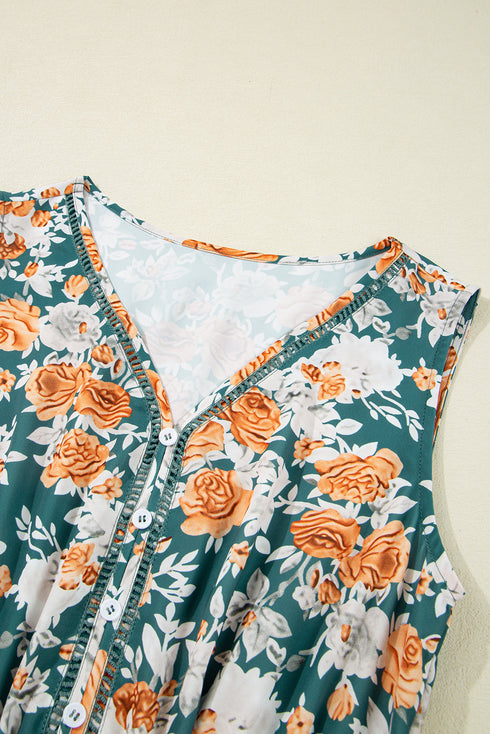 Green Floral Print Trimmed V Neck Tie Waist Sleeveless Holiday Long Dress