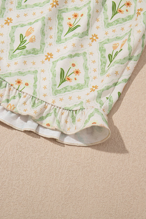 Green Floral Print Turn-down Collar Short Pajamas Set