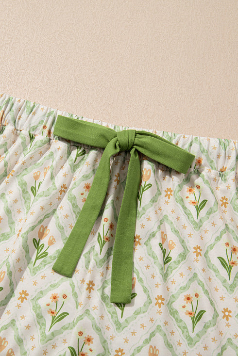Green Floral Print Turn-down Collar Short Pajamas Set