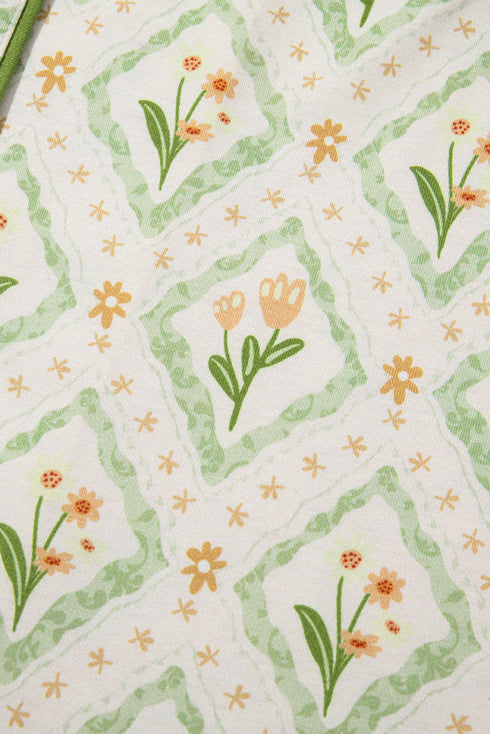 Green Floral Print Turn-down Collar Short Pajamas Set